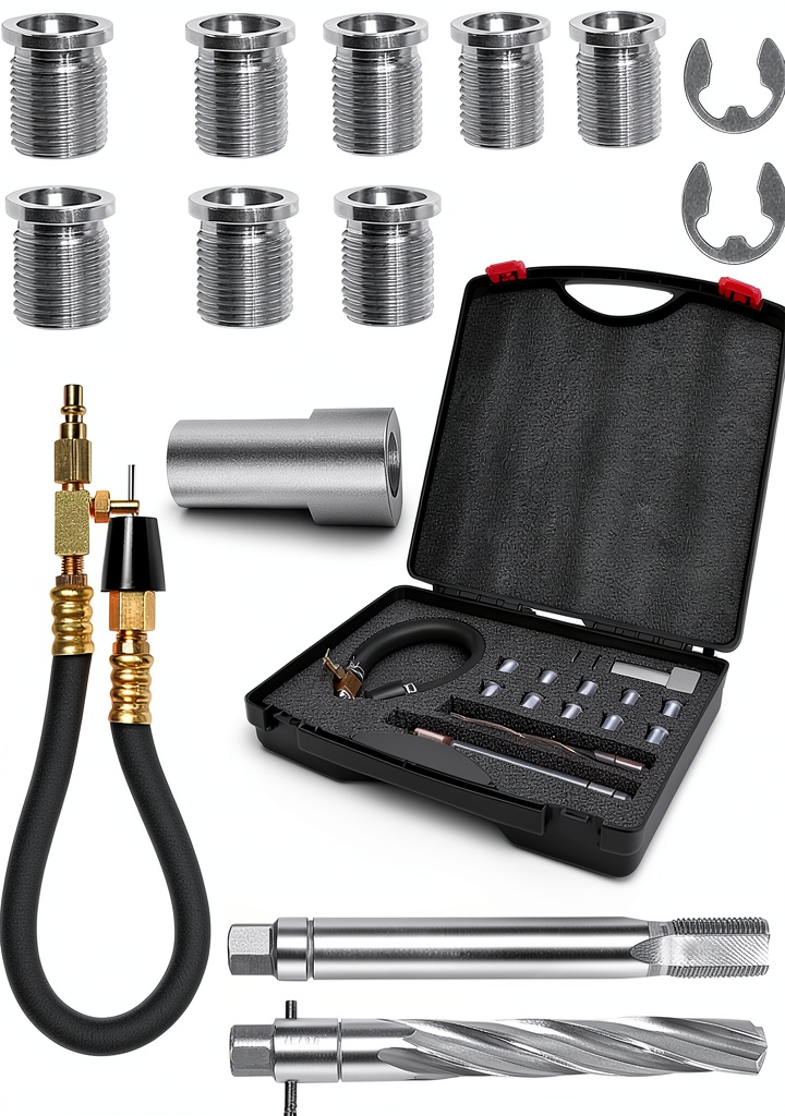Installing GoYwato Spark Plug Thread Repair Kit for Ford 1996-2003 on a wooden garage bench