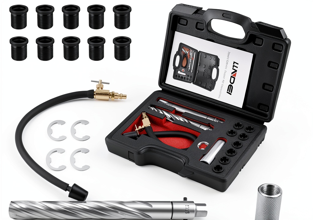 Technician using LLNDEI spark plug thread repair kit in a garage