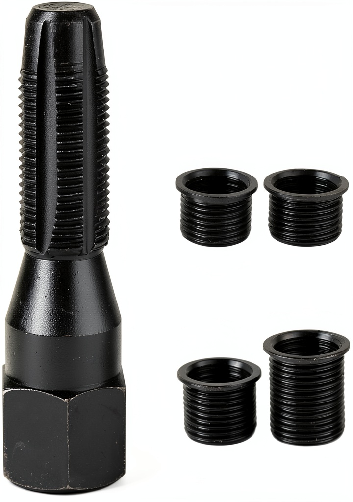 Mechanic using FLYPIG spark plug rethread kit on engine block